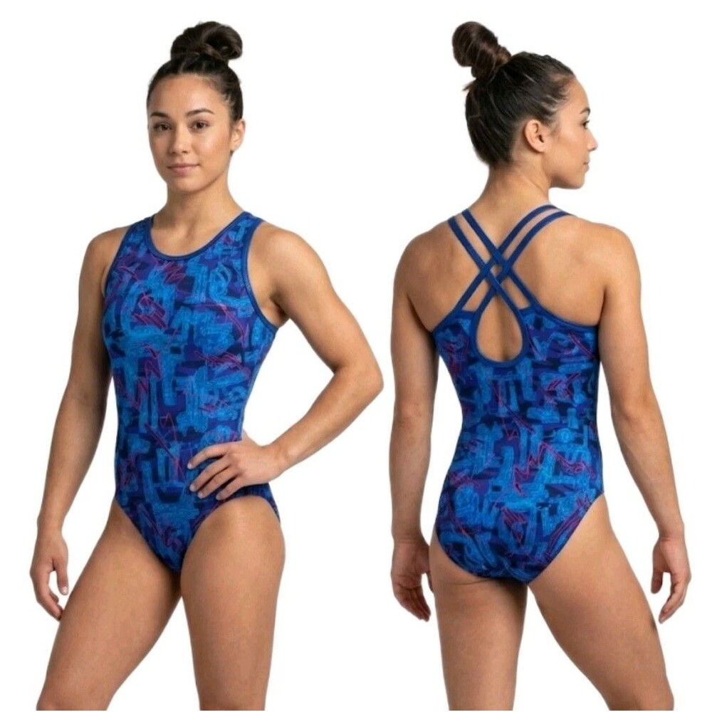 GK Elite VTG Blue Geometric Strappy Keyhole Cami Leotard Foiled Straps Size AL